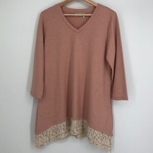 LOGO Lounge Pink‎ V Neck Sweater Top Floral Lace Trim